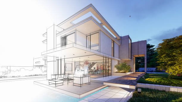 3D rendering of an upscale modern villa with pool and garden