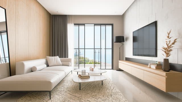 Beautiful hotel room suite, elegant and luxury with modern minimalist style, wooden walls and beautiful view of the beach.